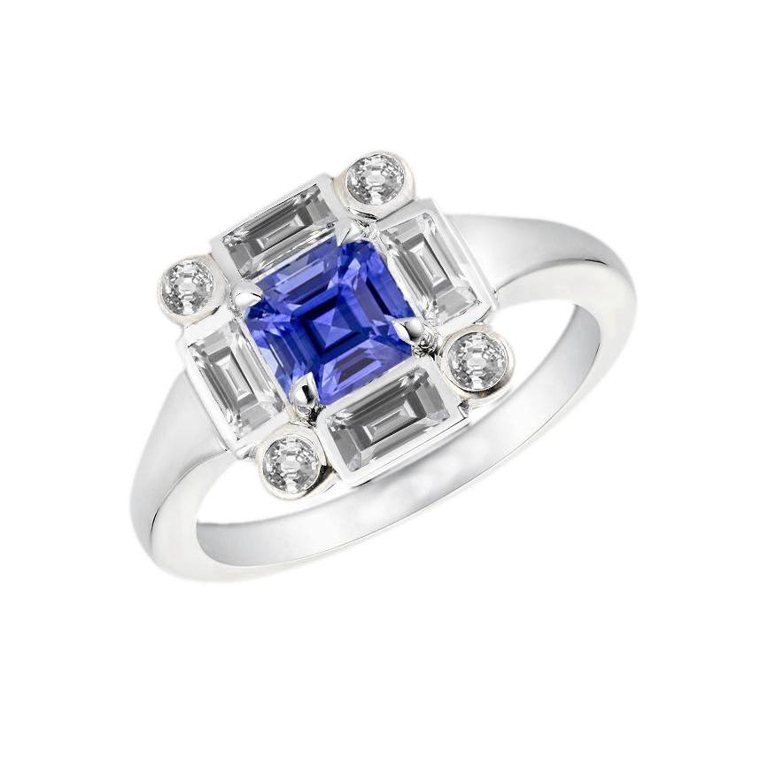 Halo Blue Saphir Ring 3 Karat Lünette Set Baguette & Runde Diamanten - harrychadent.ch