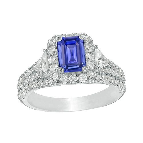 Halo Blue Saphir Ring 3 Steine Stil Smaragd & Diamanten 3,50 Karat - harrychadent.ch