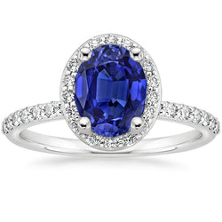 Halo Ceylon Saphirring Ovalschliff & runde Diamanten 3,25 Karat