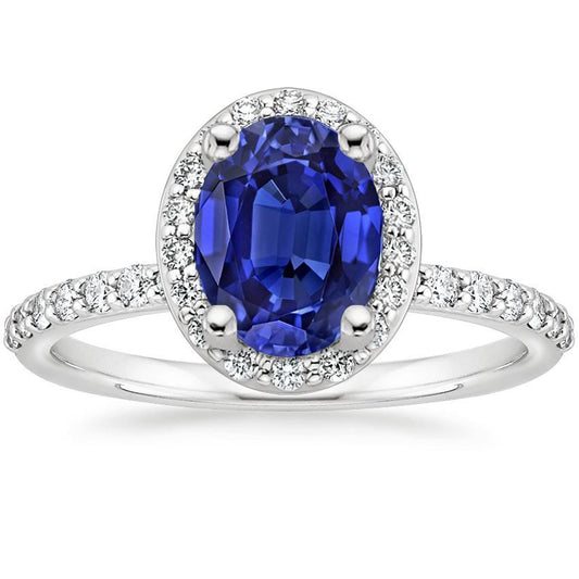 Halo Ceylon Saphirring Ovalschliff & runde Diamanten 3,25 Karat - harrychadent.ch