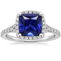 Halo Diamant & Blauer Saphir Ring mit Akzenten V geteilter Schaft 6 Karat
