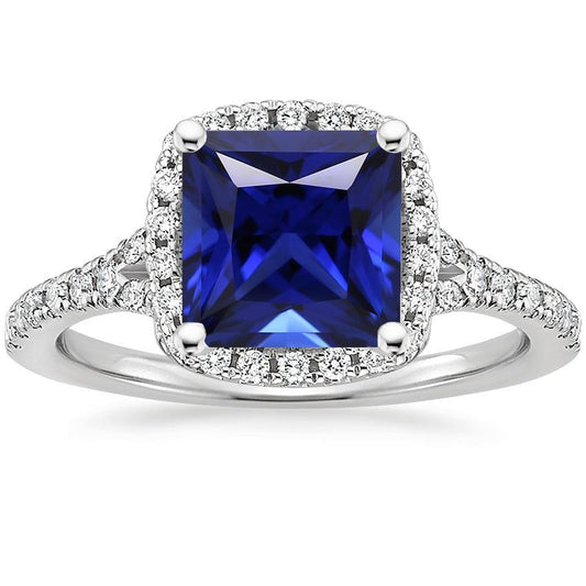 Halo Diamant & Blauer Saphir Ring mit Akzenten V geteilter Schaft 6 Karat - harrychadent.ch