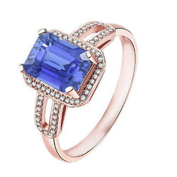 Halo Diamant Blauer Saphir Smaragd Ring 3.50 Karat Roségold 14K