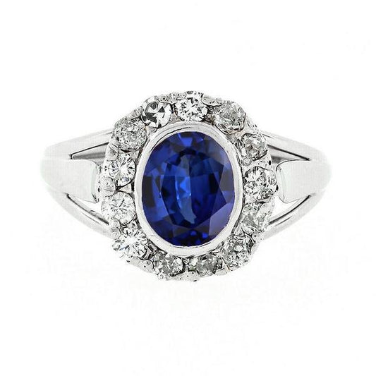Halo Diamant Ehering Oval Ceylon Saphir Lünette Set 4,50 Karat - harrychadent.ch