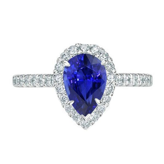 Halo Diamant Jewelry Birnenblauer Saphirring 4 Karat Weißgold 14K - harrychadent.ch