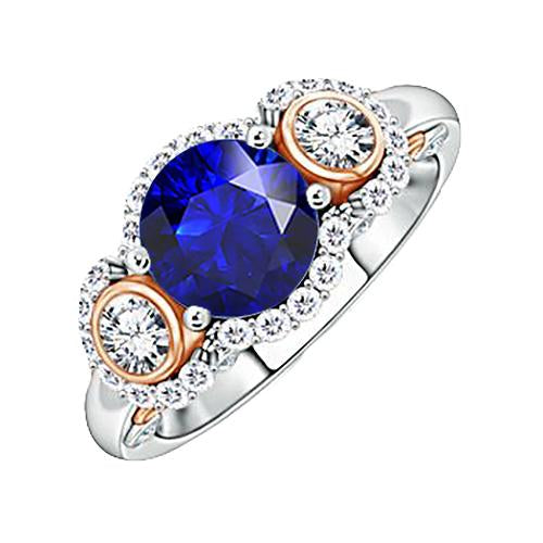 Halo Diamant-Jubiläumsring runder blauer Saphir zweifarbig 3.50 Karat - harrychadent.ch