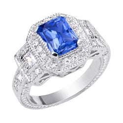 Halo Diamant Radiant Saphir Ring 2,50 Karat Vintage-Stil Baguettes