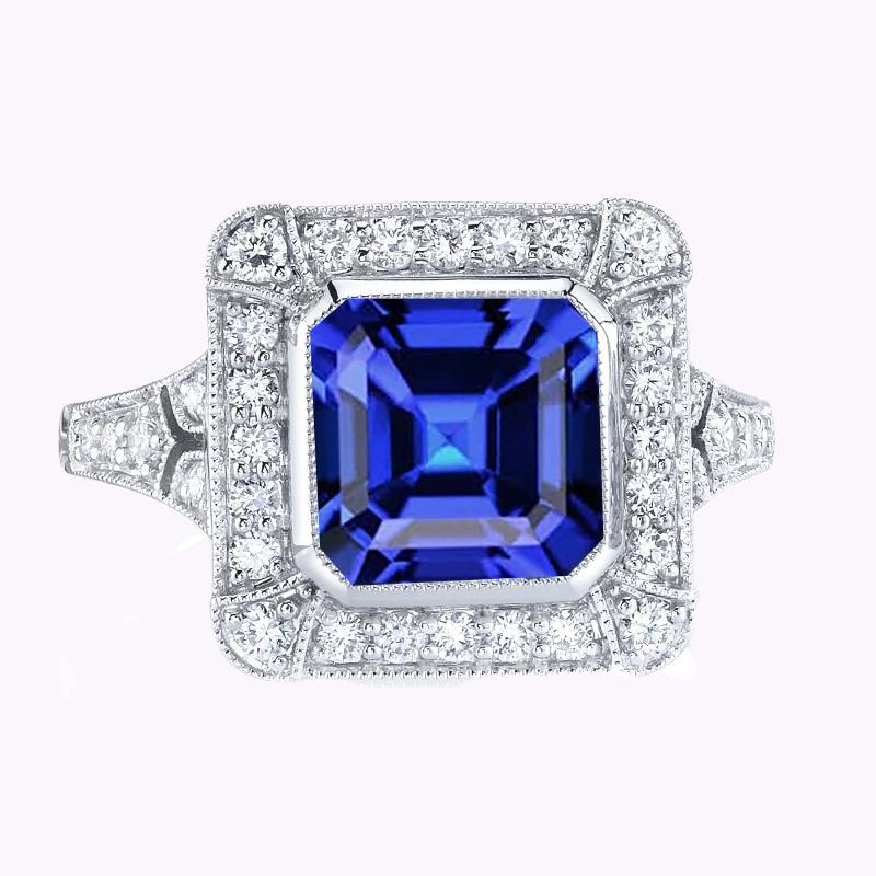 Halo Diamant Saphir Ring Asscher Lünette Set Milgrain Schaft 4 Karat - harrychadent.ch