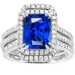 Halo Diamant-Saphir-Verlobungs-Ehering-Set mit Jacke 5 Karat