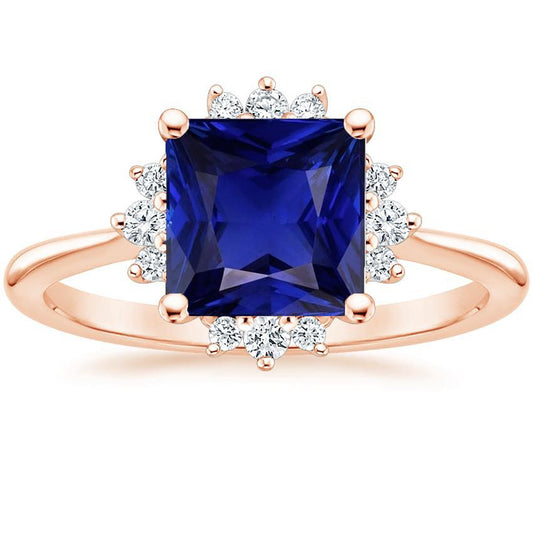 Halo Diamant-Verlobungsring 6 Karat Prinzessin Blauer Saphir Roségold - harrychadent.ch