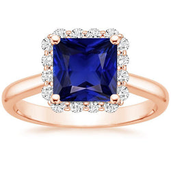 Halo-Diamant-Verlobungsring aus Roségold mit Ceylon-Saphir 6 Karat