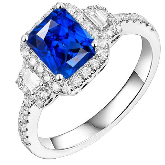 Halo Diamantring 3 Steine Stil Blauer Saphir Mit Akzenten 4,50 Karat - harrychadent.ch