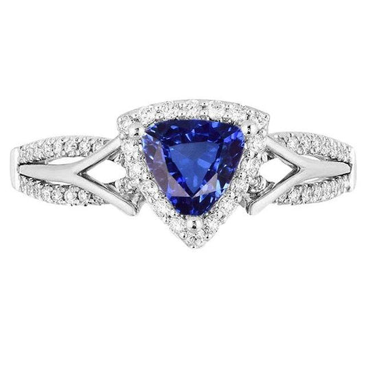 Halo-Diamantring für Damen 3 Karat Billionen blauer Saphir mit geteiltem Schaft - harrychadent.ch