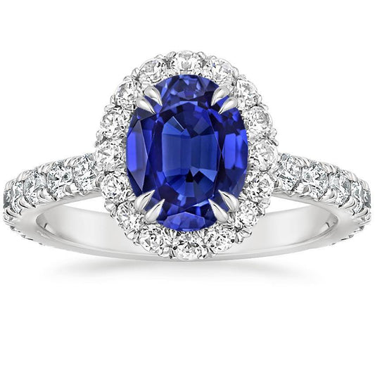 Halo Diamantring Oval tiefblauer Saphir-Klauen-Zinken-Set 6,50 Karat - harrychadent.ch