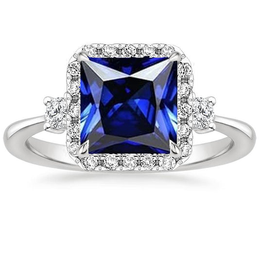 Halo Diamantring Princess Blue Sapphire Center 6 Karat Weißgold - harrychadent.ch