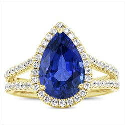 Halo Diamants Ring & Sri Lanka Birnen-Saphir 8 Karat geteilter Schaft