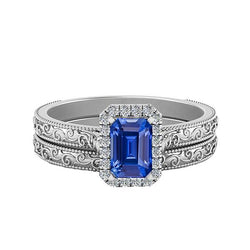 Halo Ehering-Set Smaragdblauer Saphir 2.50 Karat Antik-Stil