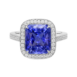Halo Ehering Strahlend blauer Saphir 3,50 Karat Diamantakzente