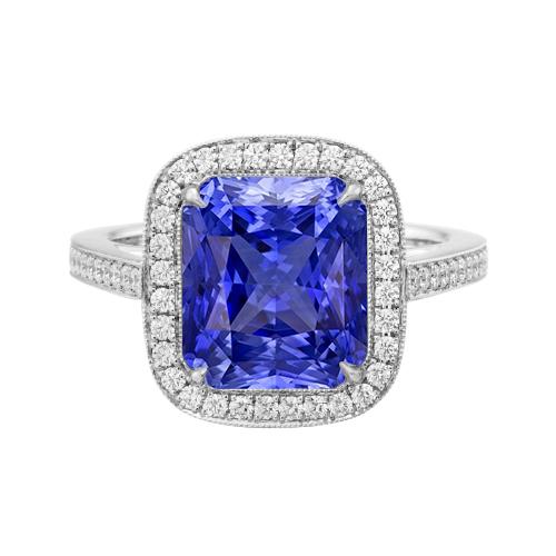 Halo Ehering Strahlend blauer Saphir 3,50 Karat Diamantakzente - harrychadent.ch