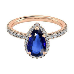 Halo Gold Jubiläumsring Birnenblauer Saphir & Diamanten 5 Karat