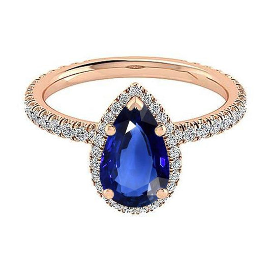 Halo Gold Jubiläumsring Birnenblauer Saphir & Diamanten 5 Karat - harrychadent.ch