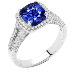 Halo Kissen Saphir Ring 3,50 Karat Milgrain Split Shank Diamanten