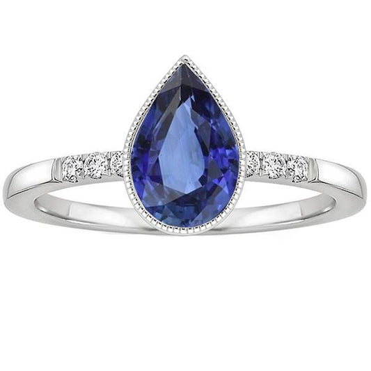 Halo Lünette Ring Birne Sri Lanka Saphir & Diamanten 2,50 Karat
