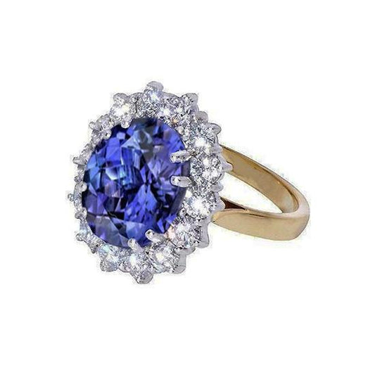 Halo Oval Tansanit AAA Diamanten 8,50 Karat Ring Zweifarbiges Gold