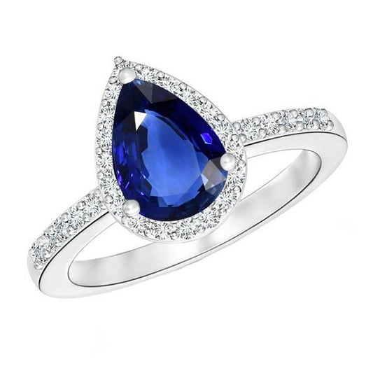 Halo Pear Blue Saphir Ring & Diamanten 3,25 Karat Weißgold 14K - harrychadent.ch