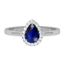 Halo Pear Deep Blue Saphir Ring Weißgold 3 Karat Schmuck