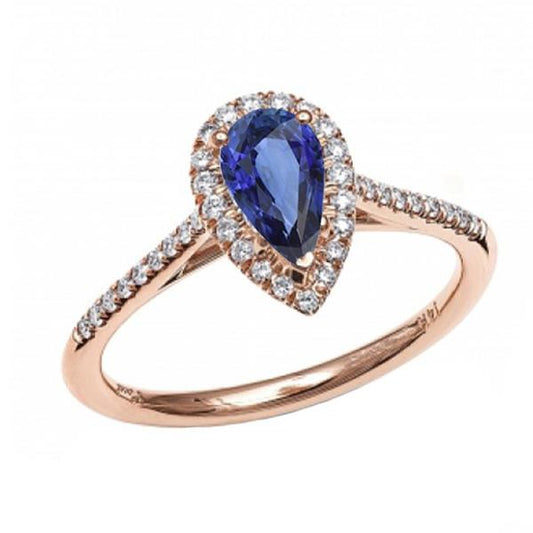 Halo Pear Natural Blue Saphir Ring 14K Roségold 3 Karat Diamanten - harrychadent.ch