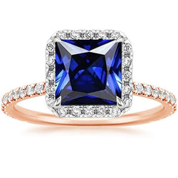 Halo Princess Saphir-Ring Zweifarbige Pave-Diamant-Akzente 6,25 Karat