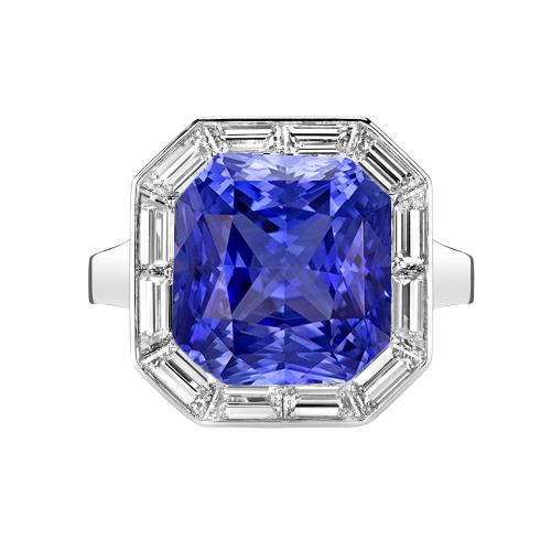 Halo Radiant Blue Saphir Ring & Baguette Diamanten 3,50 Karat - harrychadent.ch