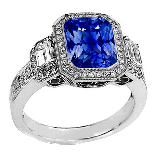 Halo Radiant Saphir Ring Milgrain Schaft Baguette Diamanten 4 Karat - harrychadent.ch
