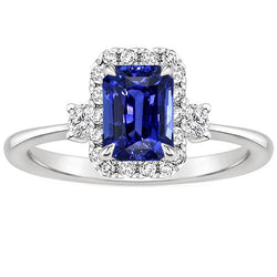 Halo Ring 3 Steine Strahlend Blauer Saphir & Diamant 4,50 Karat