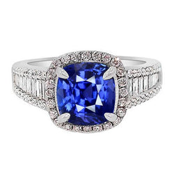 Halo-Ring aus blauem Saphir mit Baguette und runden Diamanten 4,5 Karat