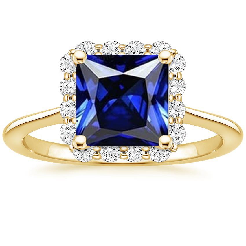 Halo-Ring aus Gelbgold mit Diamanten und blauem Saphir im Princess-Schliff 6 Karat - harrychadent.ch