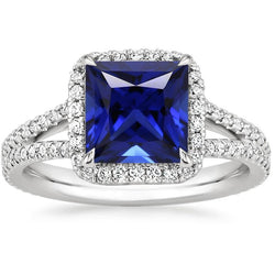 Halo Ring Blauer Saphir und Diamant 6,5 Karat Prinzessin mit Akzent