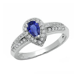 Halo Ring Doppelschaft Birne Blauer Saphir & Diamanten 2 Karat