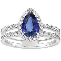 Halo Ring Doppelschaft Birne Blauer Saphir & Diamanten 4,50 Karat