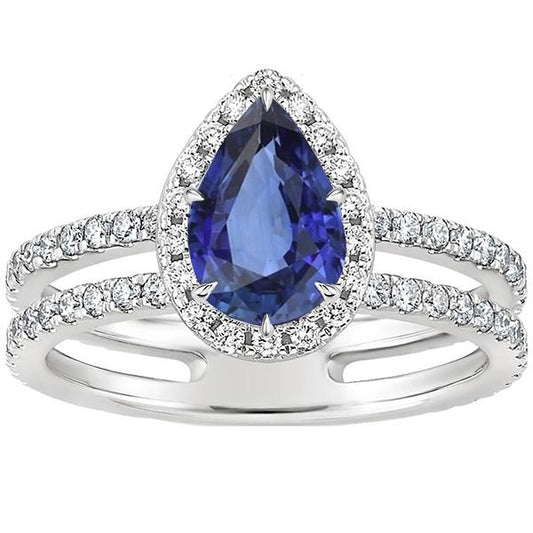 Halo Ring Doppelschaft Birne Blauer Saphir & Diamanten 4,50 Karat