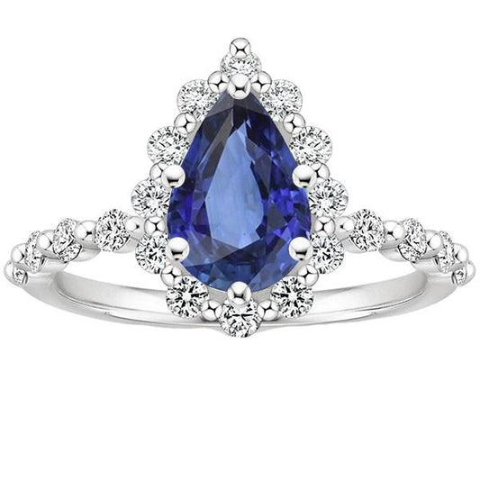 Halo Ring Flower Style Birne Blauer Saphir & Diamanten 5 Karat