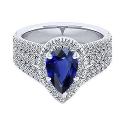 Halo Ring Krappenset Birnenblauer Saphir & Triple Shank Diamant 5 Karat