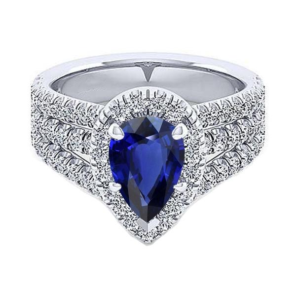 Halo Ring Krappenset Birnenblauer Saphir & Triple Shank Diamant 5 Karat - harrychadent.ch