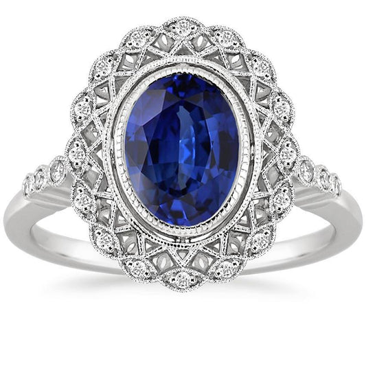 Halo-Ring-Lünette im antiken Stil Blauer Saphir mit Diamanten 4 Karat - harrychadent.ch