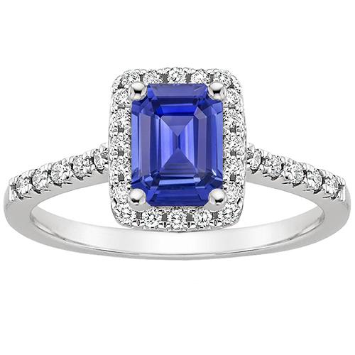 Halo-Ring mit blauem Saphir im Smaragdschliff und Diamant 4,25 Karat - harrychadent.ch