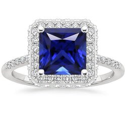 Halo-Ring mit rundem Diamanten und blauem Saphir im Princess-Schliff, 6 Karat
