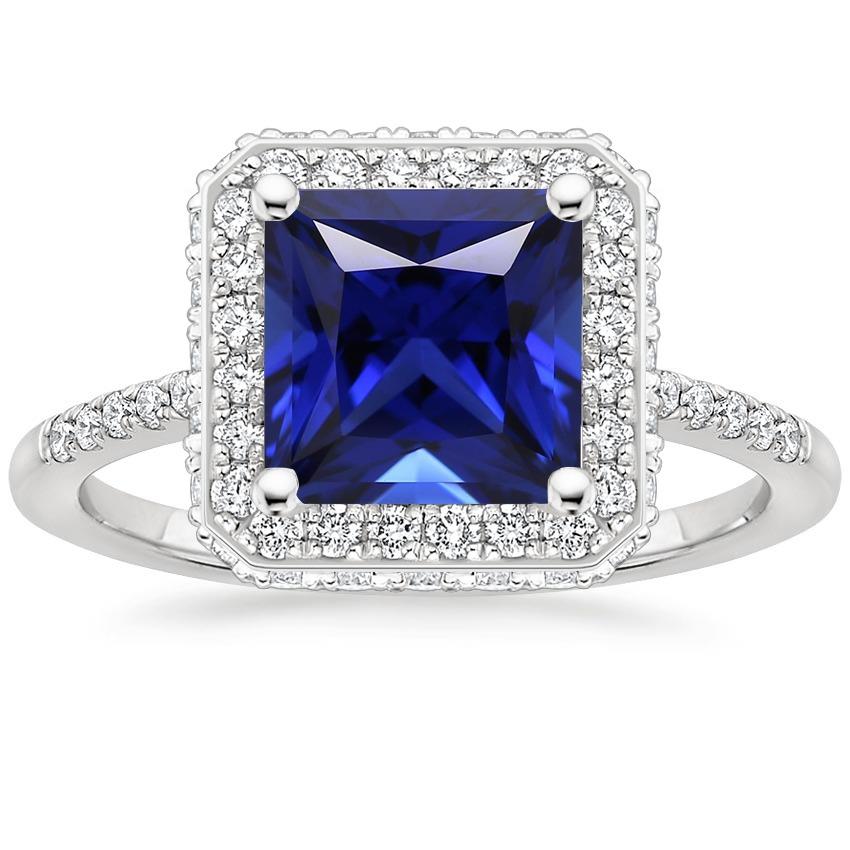 Halo-Ring mit rundem Diamanten und blauem Saphir im Princess-Schliff, 6 Karat - harrychadent.ch