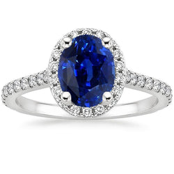 Halo Ring Pave Set Diamanten & Ovaler srilankischer Saphir 5 Karat