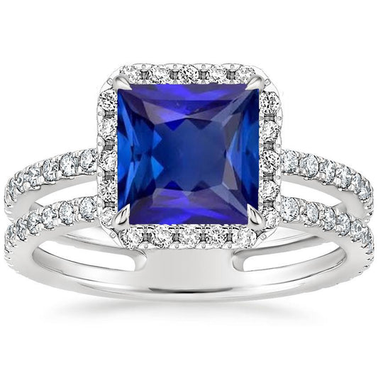 Halo Ring Princess Blue Saphir mit Pave Diamant Akzenten 6,50 Karat - harrychadent.ch